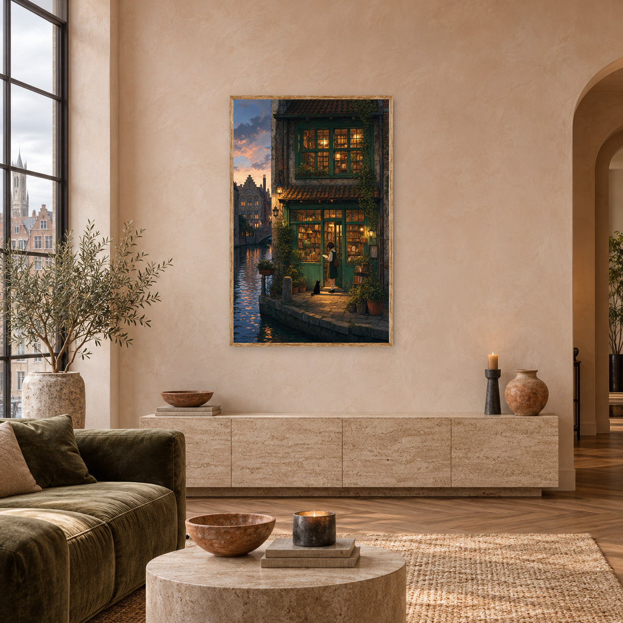 Bruges Canal Dusk Bookshop Wall Art Print poster room mockup 4