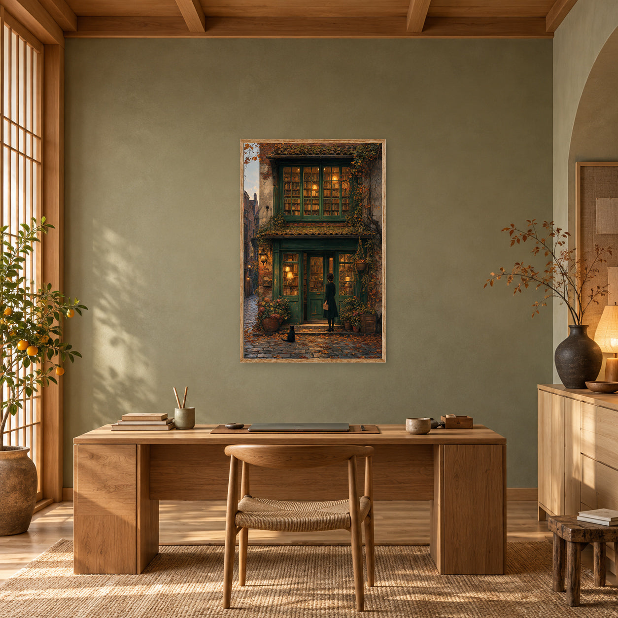 Bruges Autumn Bookshop Window Wall Art Print poster room mockup 3