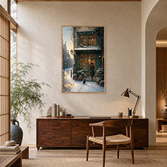 Bruges Winter Dawn Bookshop Wall Art Print poster room mockup 4