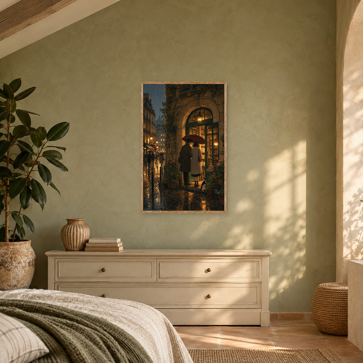 Paris Passage Rain Bookshop Wall Art Print poster room mockup 3