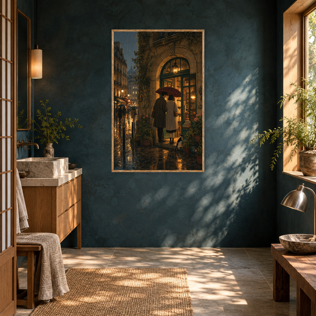 Paris Passage Rain Bookshop Wall Art Print poster room mockup 5