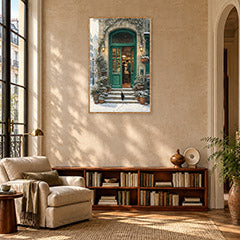 Paris Snowfall Green Door Bookshop Wall Art Print poster room mockup 2