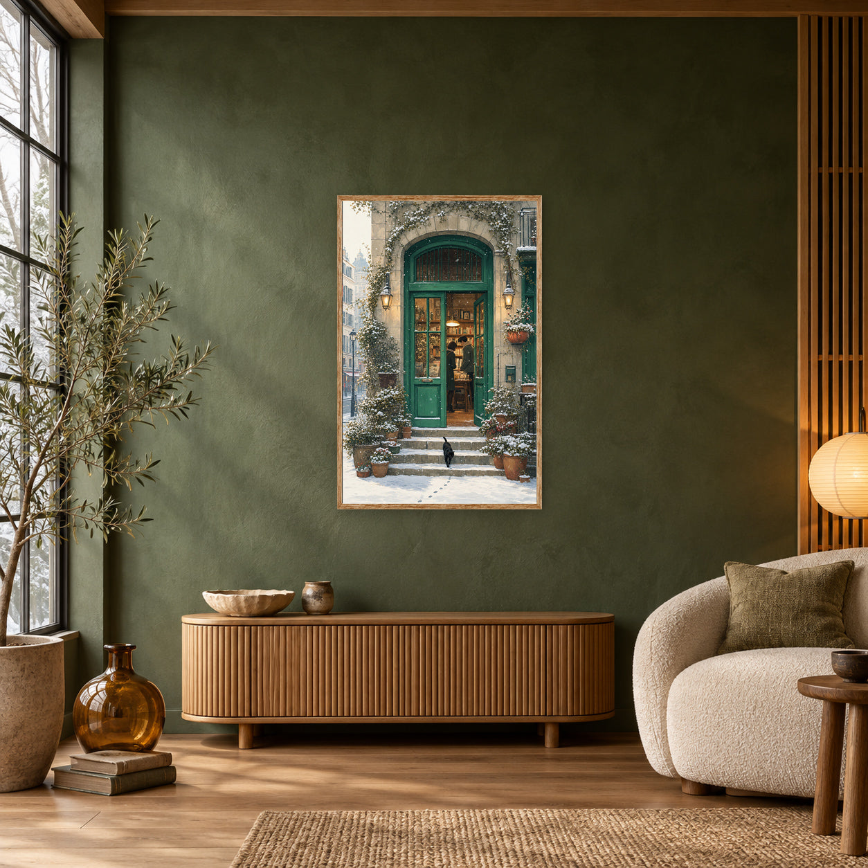 Paris Snowfall Green Door Bookshop Wall Art Print poster room mockup 3
