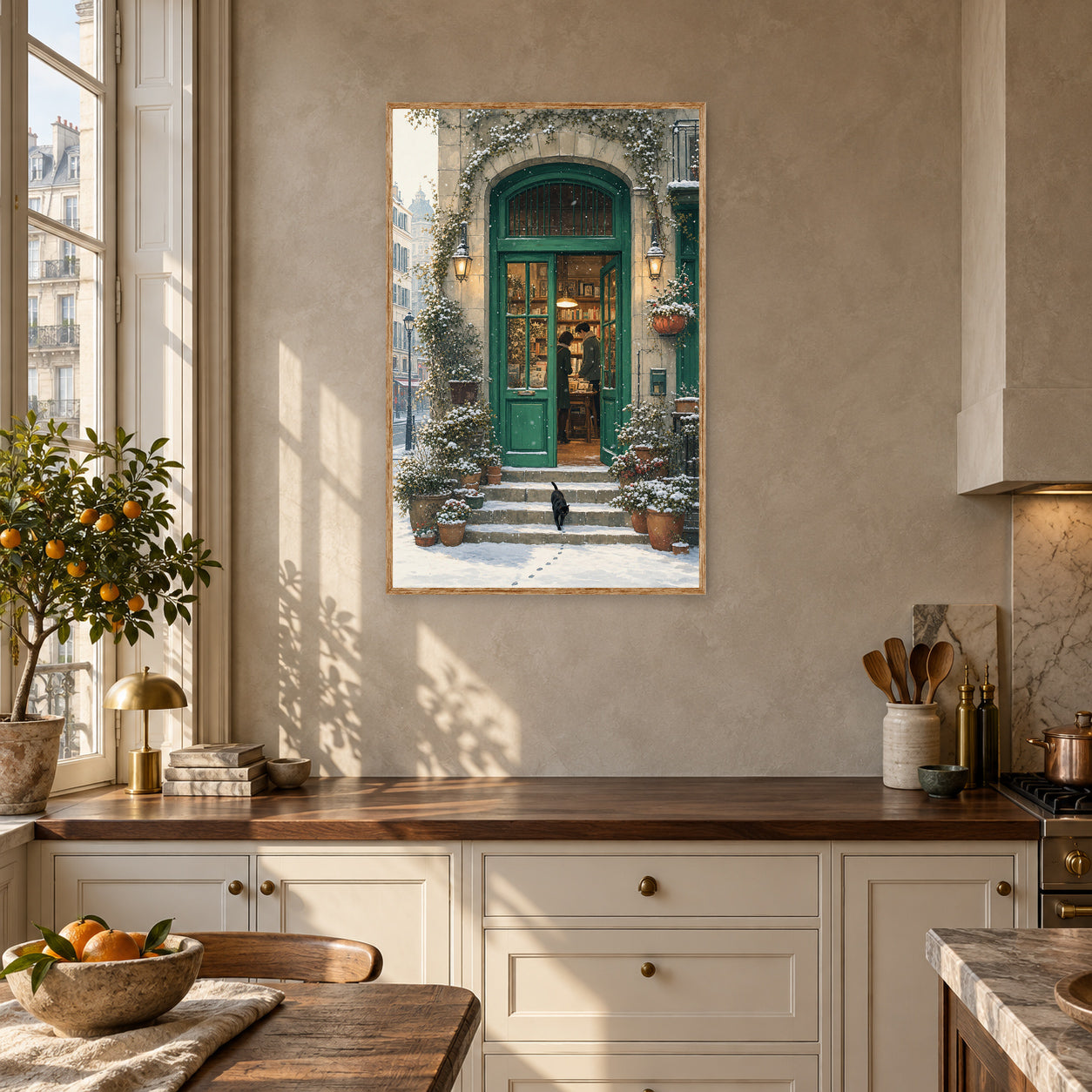 Paris Snowfall Green Door Bookshop Wall Art Print poster room mockup 5