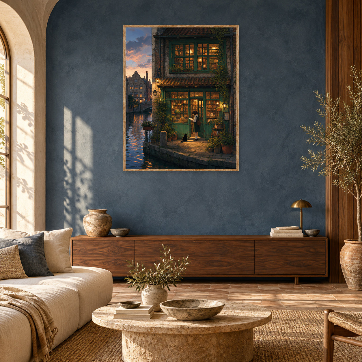 Amsterdam Canal Bookstore Twilight Wall Art Print poster room mockup 2