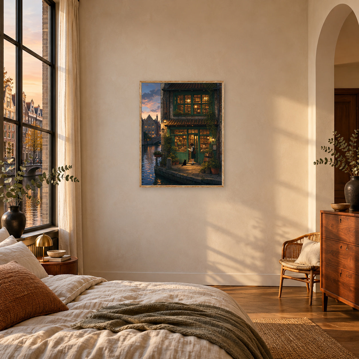 Amsterdam Canal Bookstore Twilight Wall Art Print poster room mockup 3