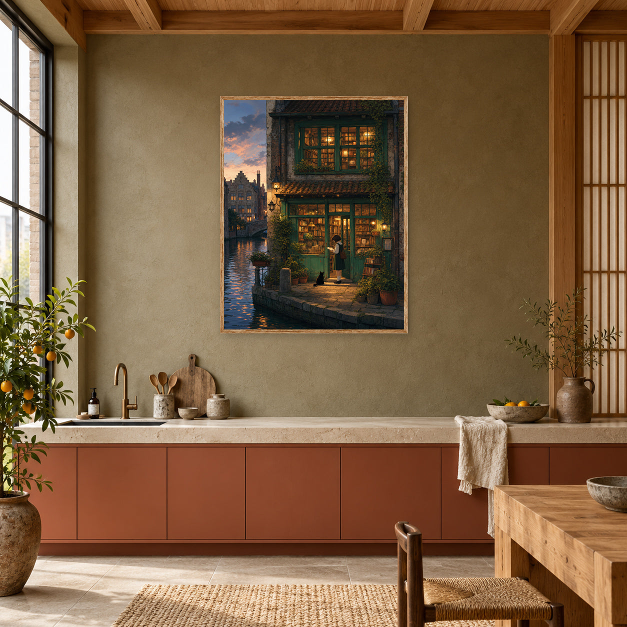 Amsterdam Canal Bookstore Twilight Wall Art Print poster room mockup 4