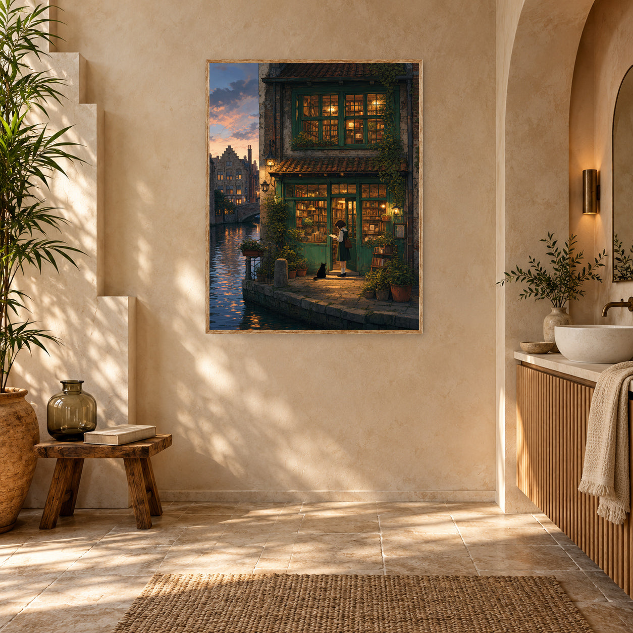 Amsterdam Canal Bookstore Twilight Wall Art Print poster room mockup 5