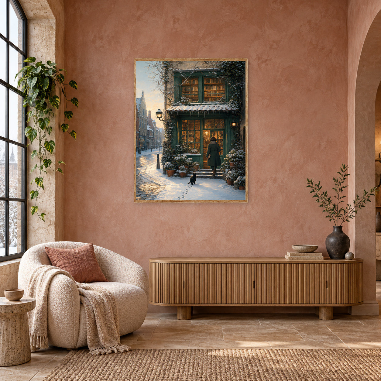 Amsterdam Snowy Bookstore Wall Art Print poster room mockup 4