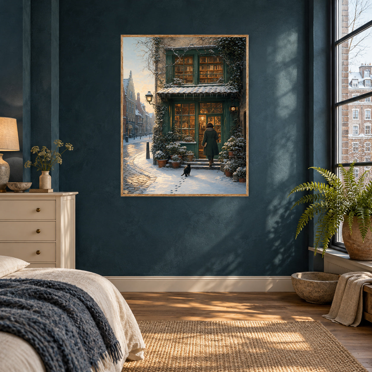 Amsterdam Snowy Bookstore Wall Art Print poster room mockup 5