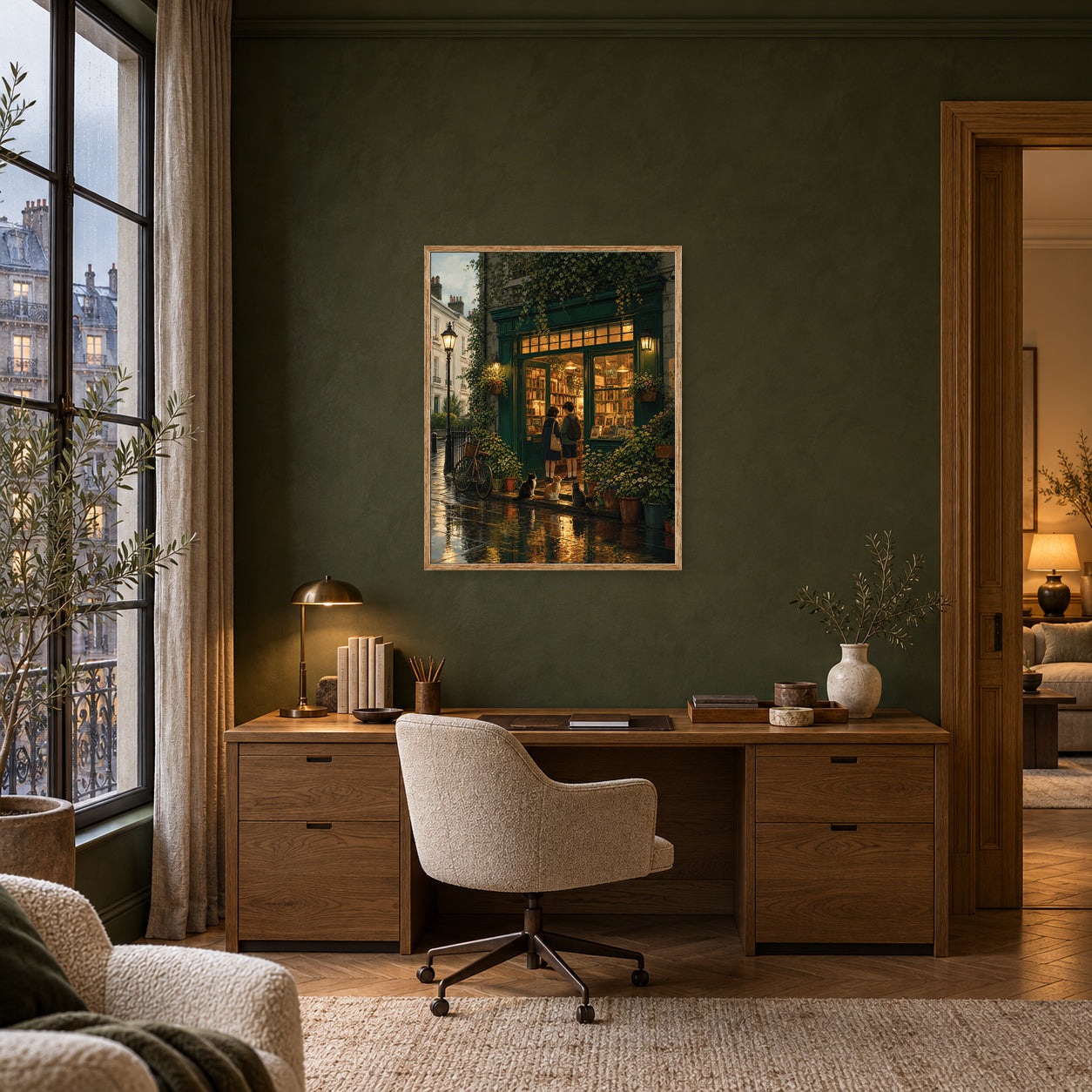 Paris Rainy Bookstore Evening Wall Art Print poster room mockup 3