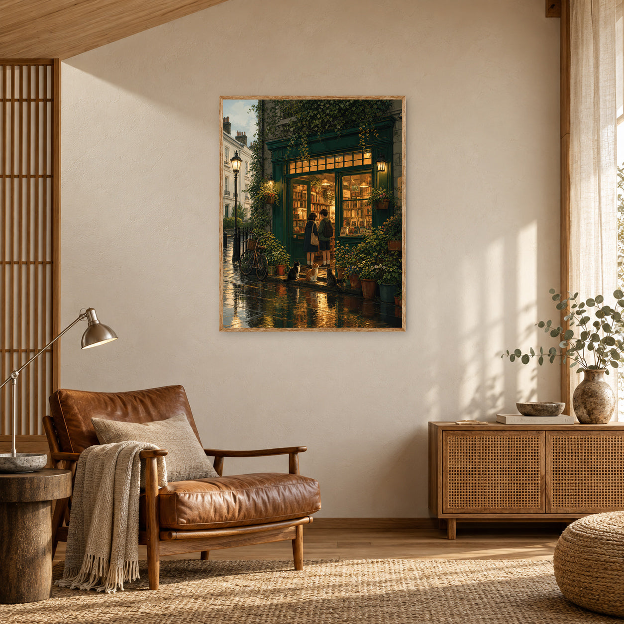 Paris Rainy Bookstore Evening Wall Art Print poster room mockup 4