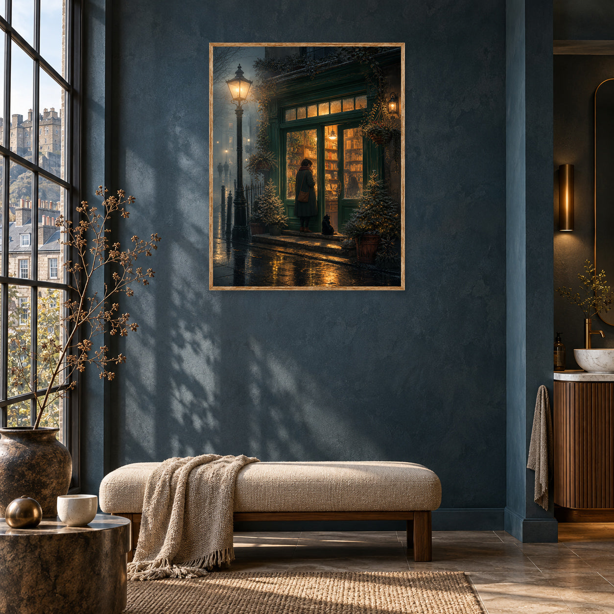 Edinburgh Lamp Post Bookstore Rain Wall Art Print poster room mockup 2
