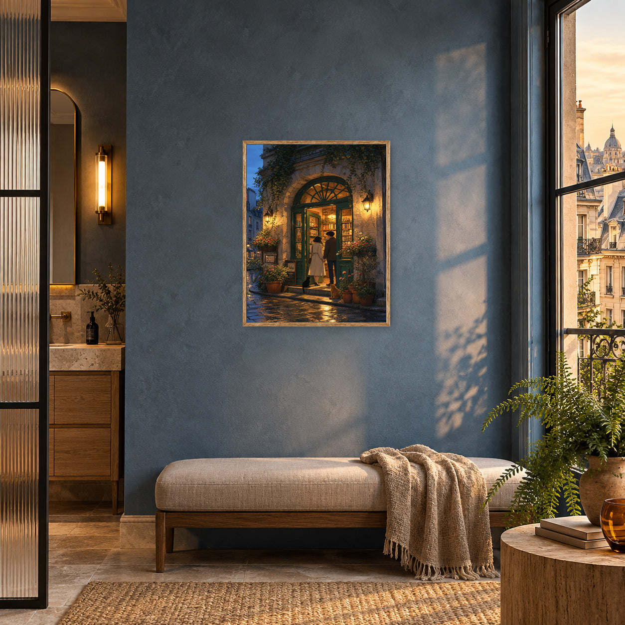 Montmartre Archway Bookstore Evening Wall Art Print poster room mockup 3