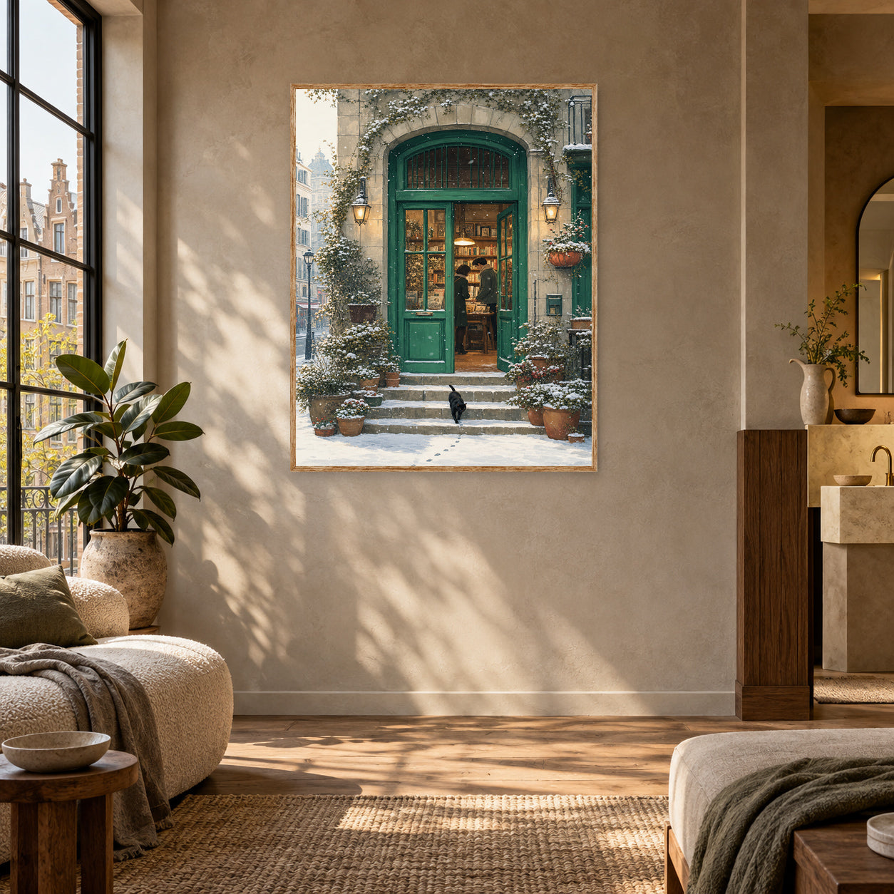 Bruges Snowy Green Door Bookstore Wall Art Print poster room mockup 5