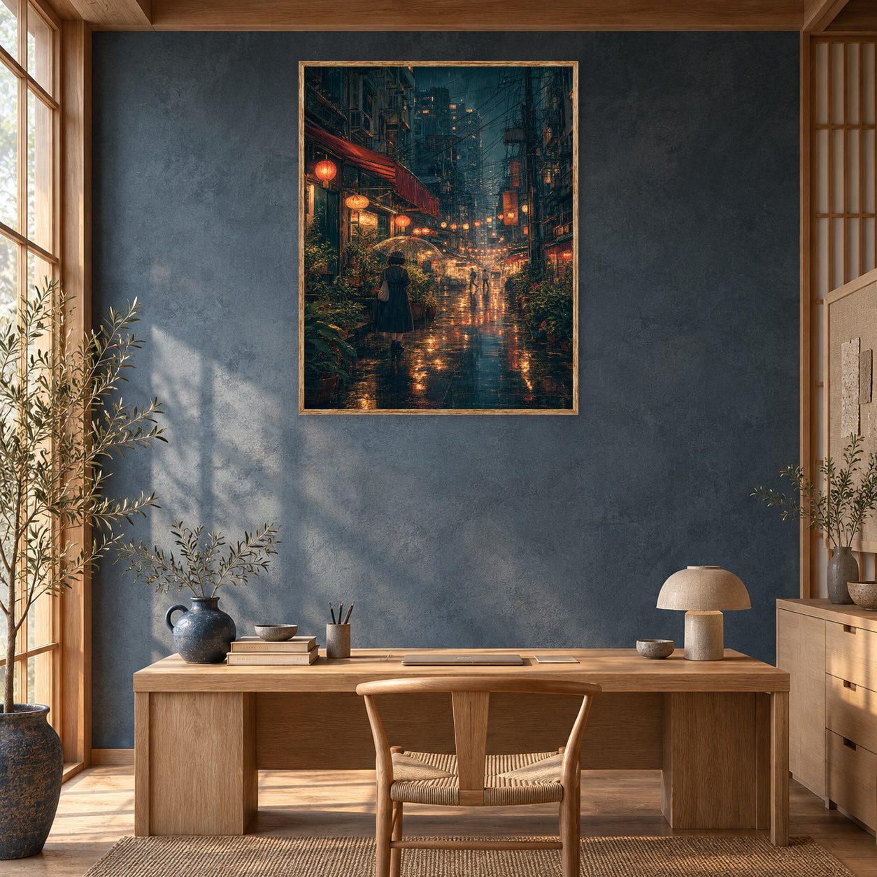 Kowloon Lantern Rain Alley Wall Art Print poster room mockup 2