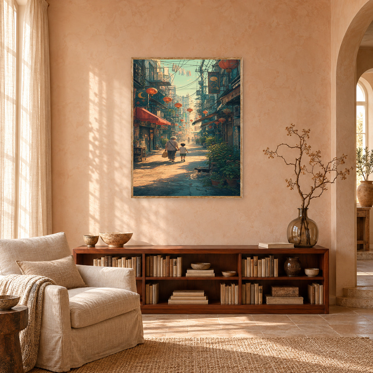Sheung Wan Lantern Morning Alley Wall Art Print poster room mockup 4