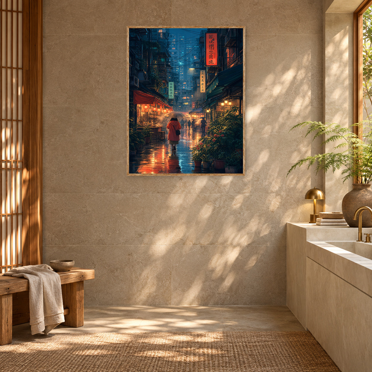 Mong Kok Red Coat Rain Alley Wall Art Print room mockup 2