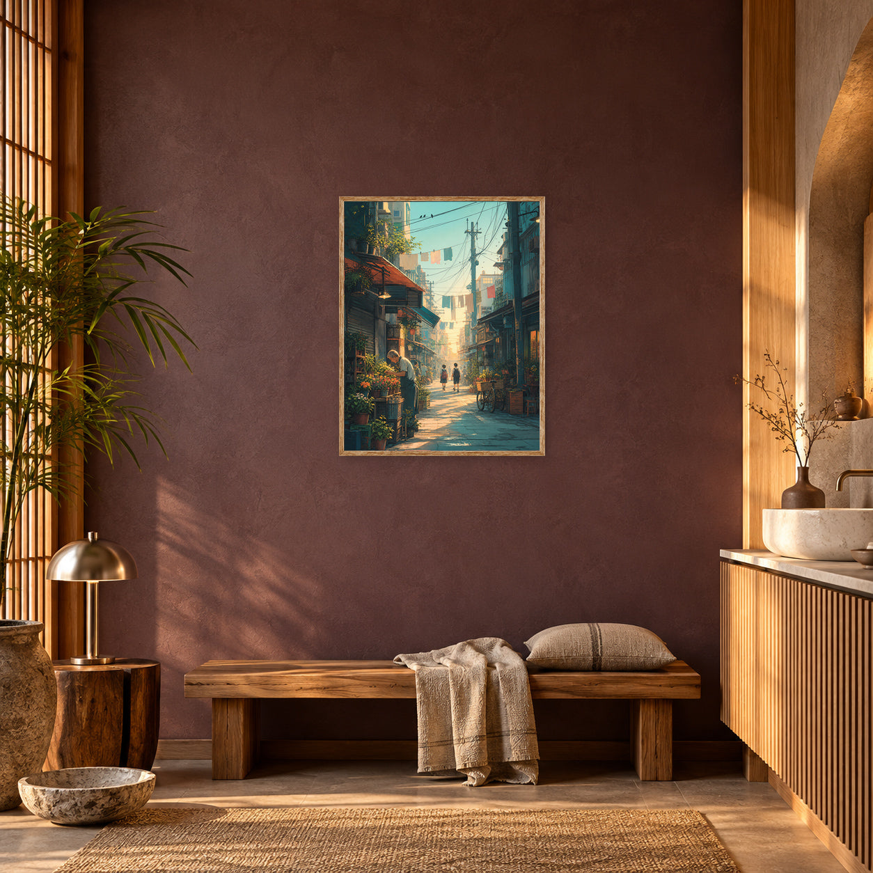 Yanaka Tokyo Morning Alley Wall Art Print poster room mockup 3