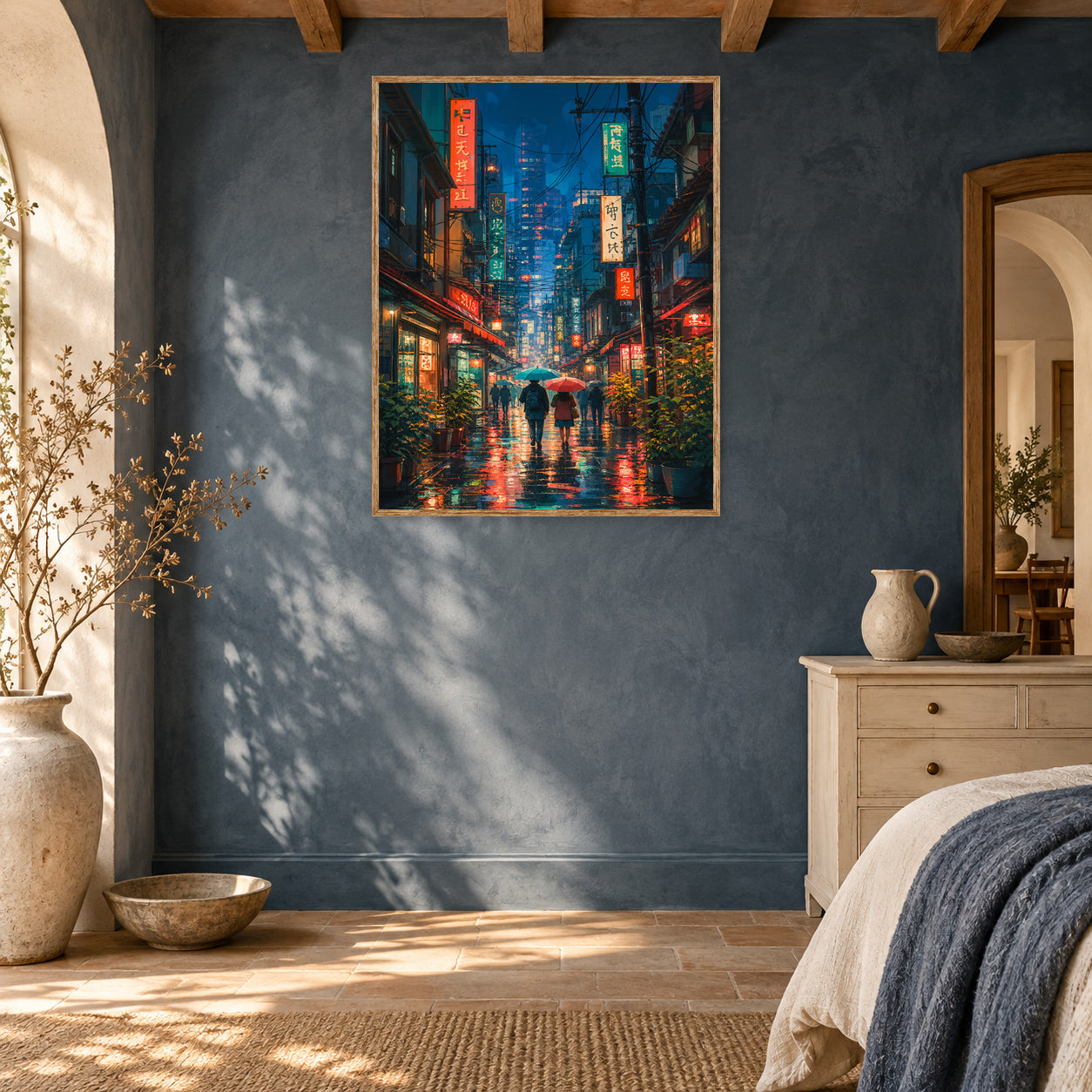 Shinjuku Neon Rain Street Wall Art Print poster room mockup 2