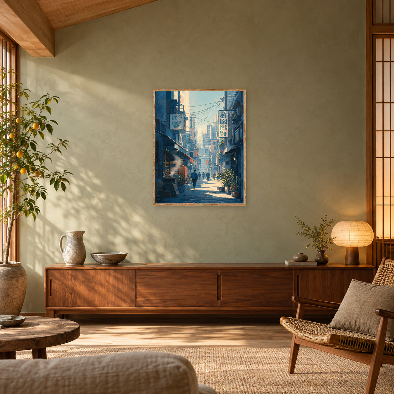 Kanda Tokyo Morning Alley Wall Art Print poster room mockup 3