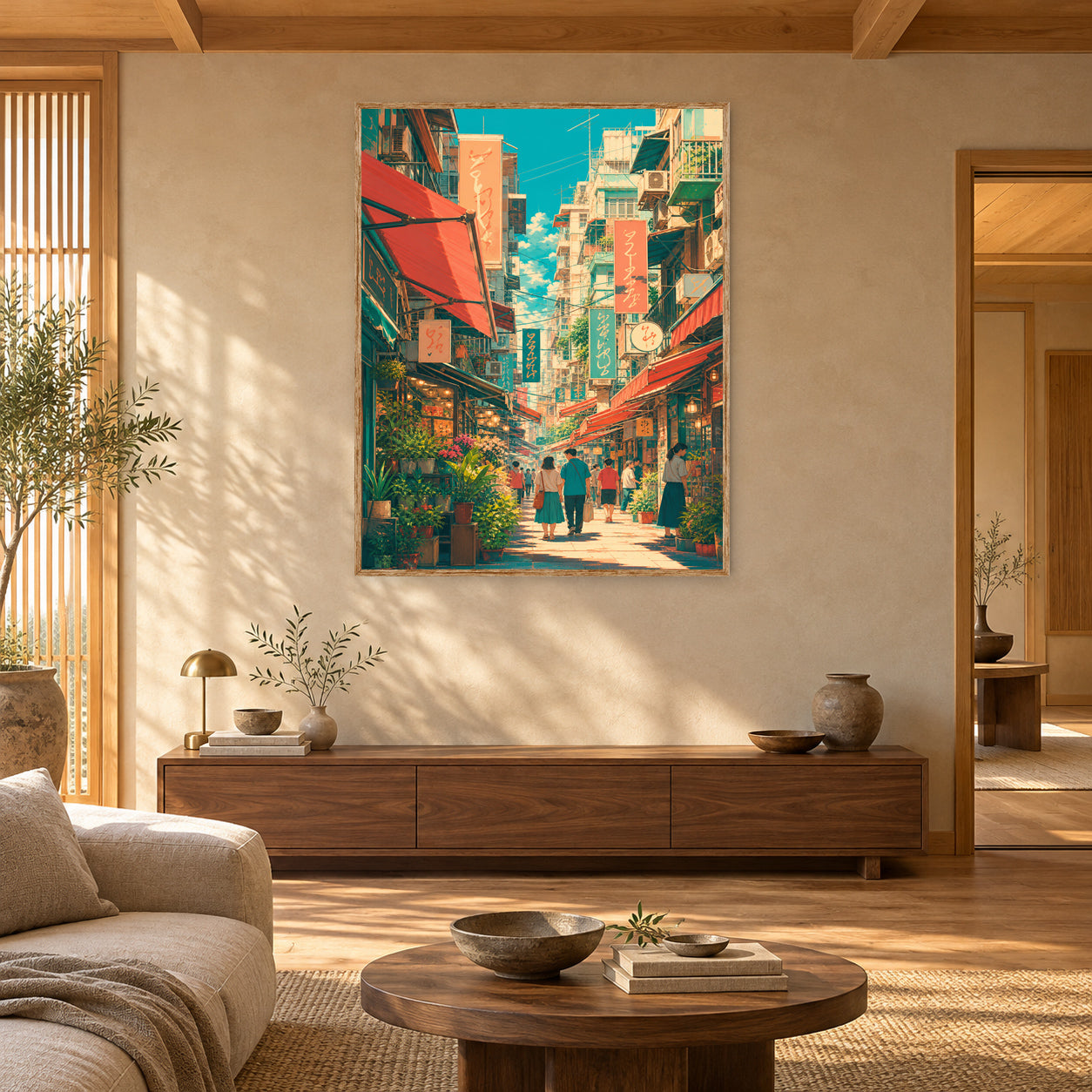 Jiyugaoka Tokyo Sunlit Signage Street Wall Art Print poster room mockup 5