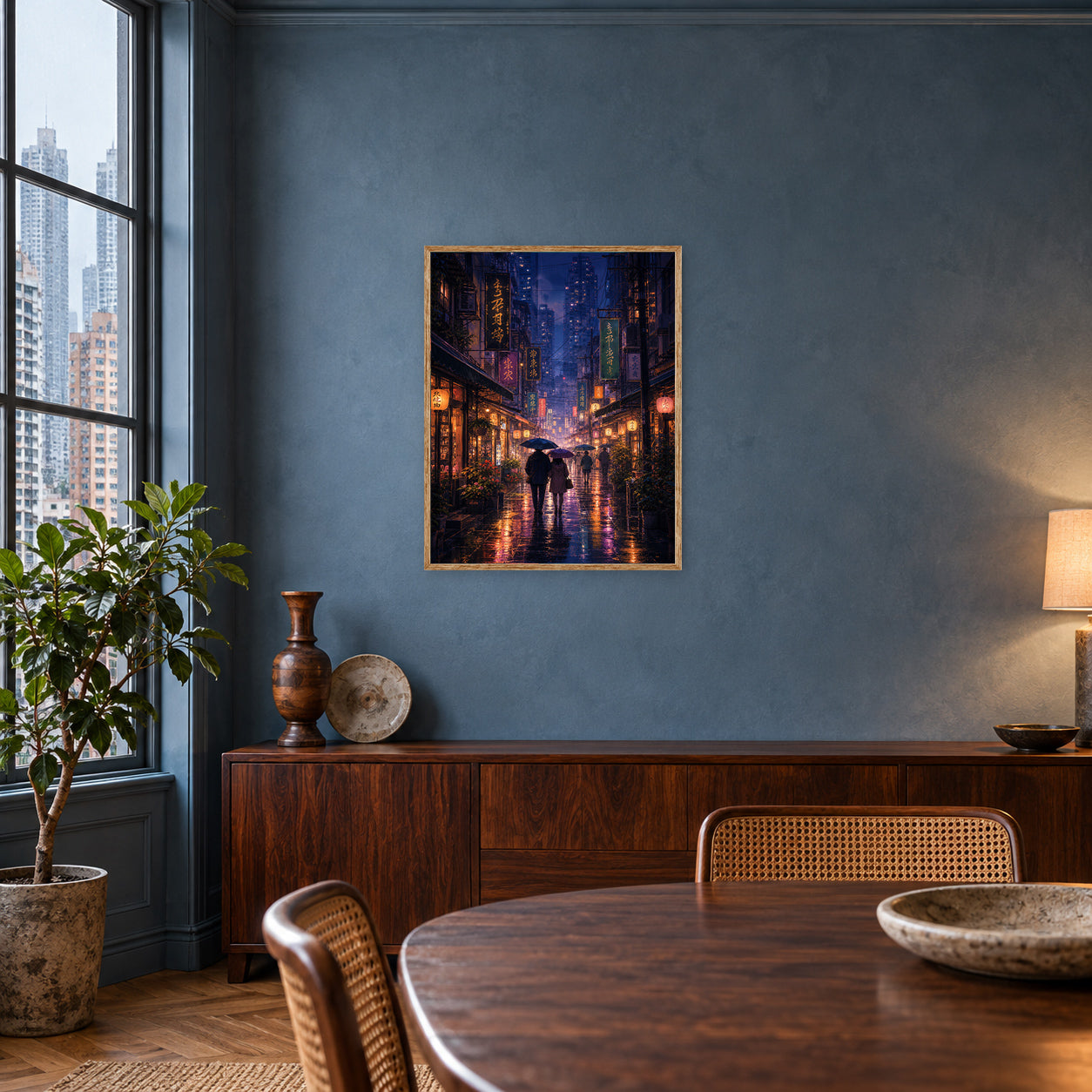 Mong Kok Night Market Rain Wall Art Print poster room mockup 3