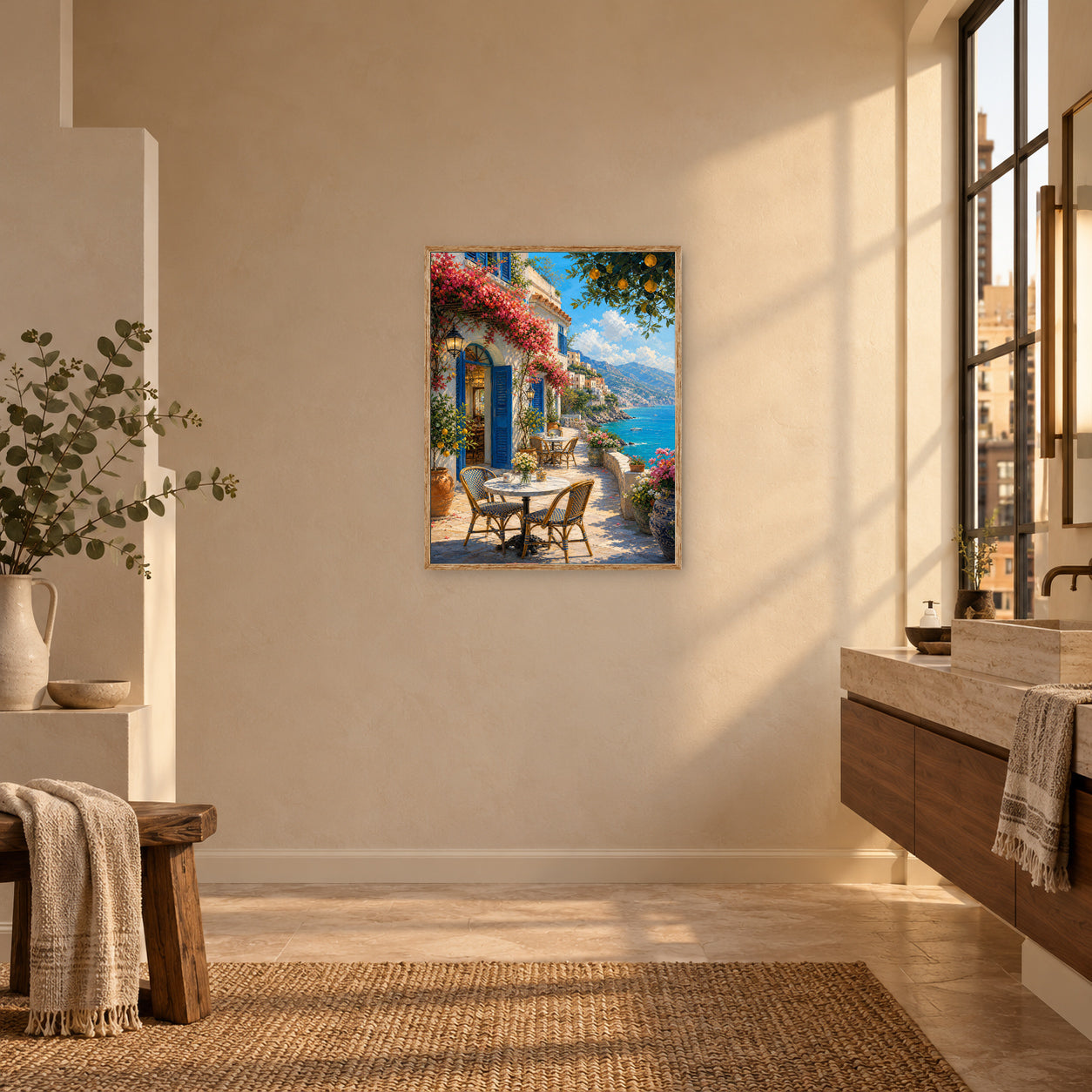 Amalfi Terrace Cafe Wall Art Print poster room mockup 3