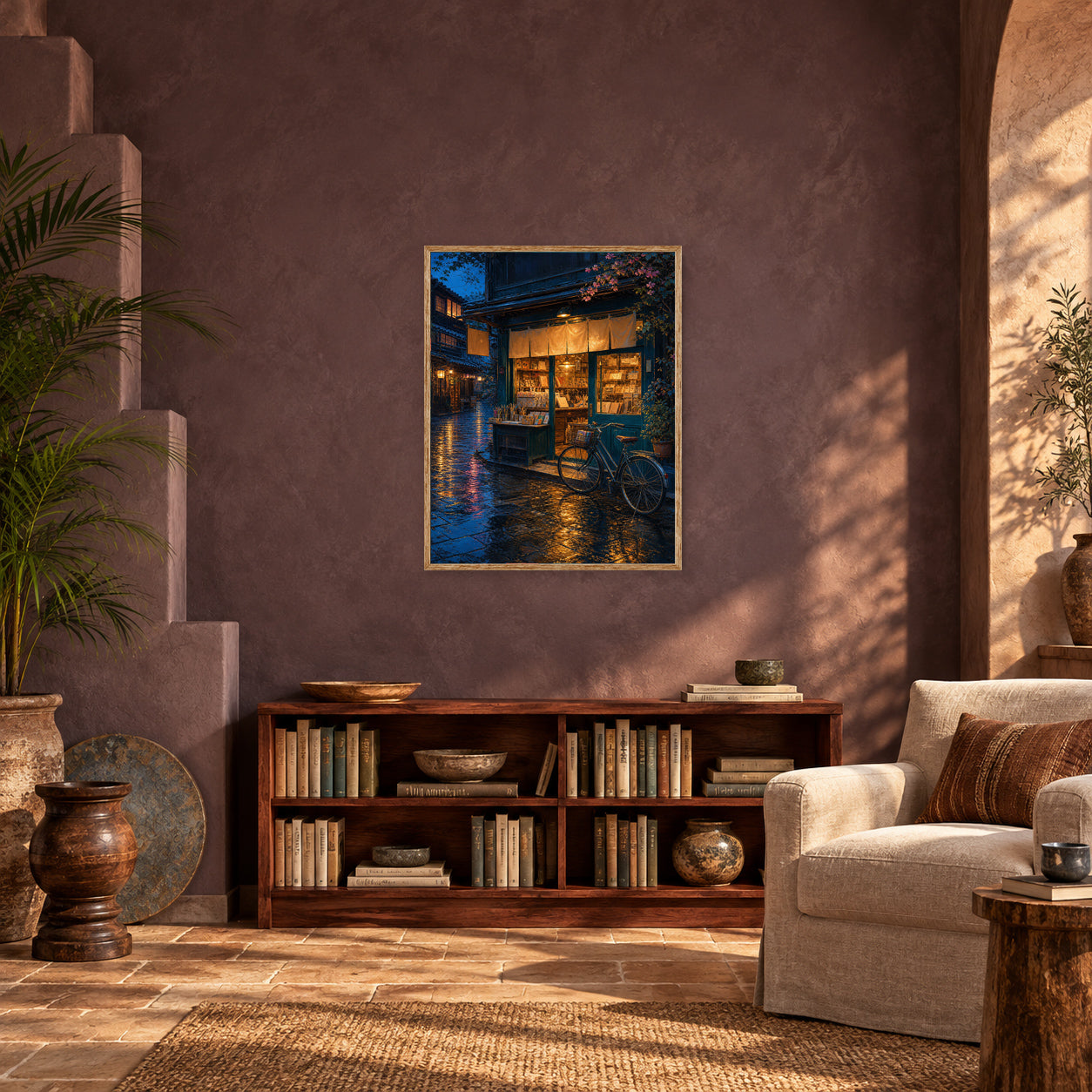 Rainy Blue Door Bookstore Wall Art Print poster room mockup 3