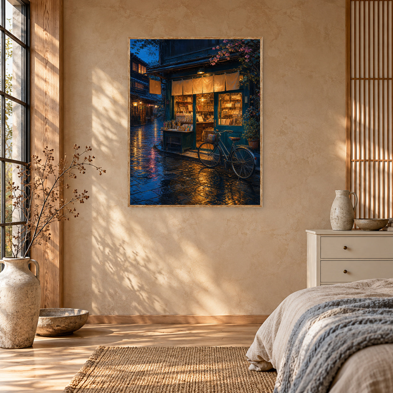 Rainy Blue Door Bookstore Wall Art Print poster room mockup 5