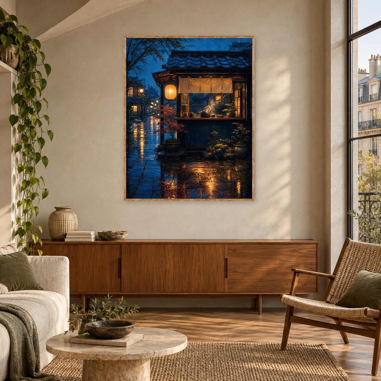Rainy Paris Corner Cafe Wall Art Print poster room mockup 5