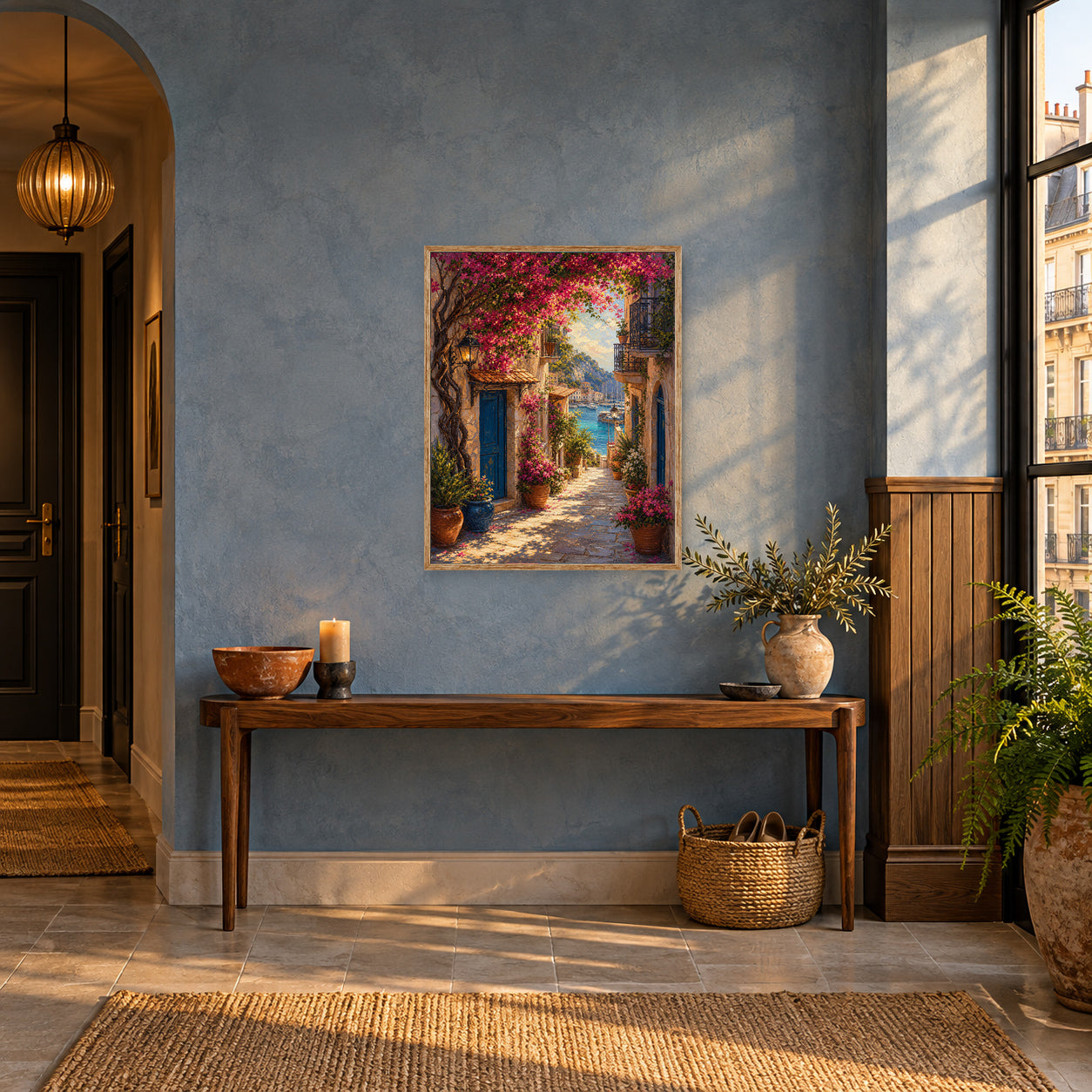 Bougainvillea Mediterranean Alley Wall Art Print poster room mockup 3
