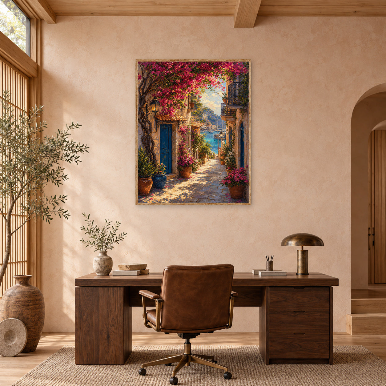 Bougainvillea Mediterranean Alley Wall Art Print poster room mockup 4