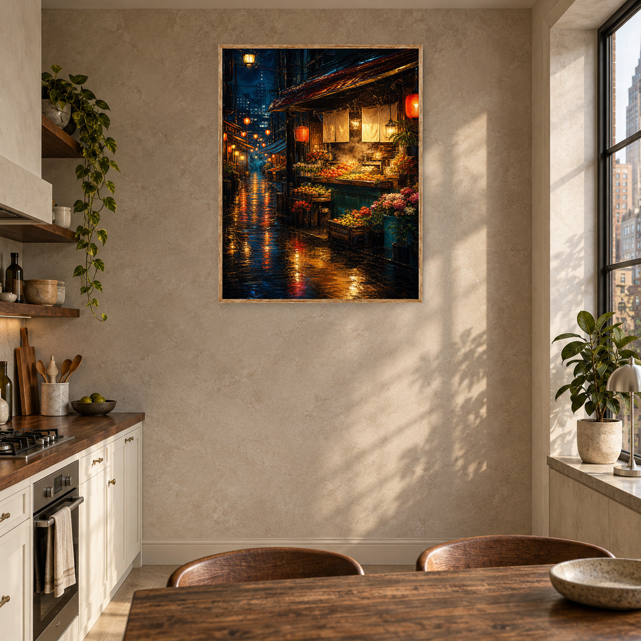 Neon Rain Canal Night Wall Art Print poster room mockup 2