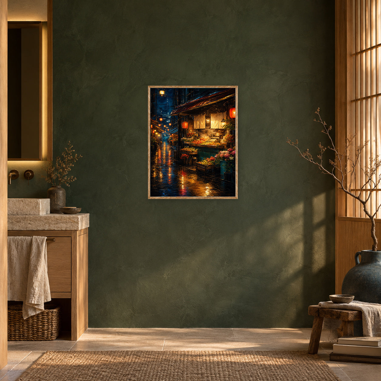 Neon Rain Canal Night Wall Art Print poster room mockup 3