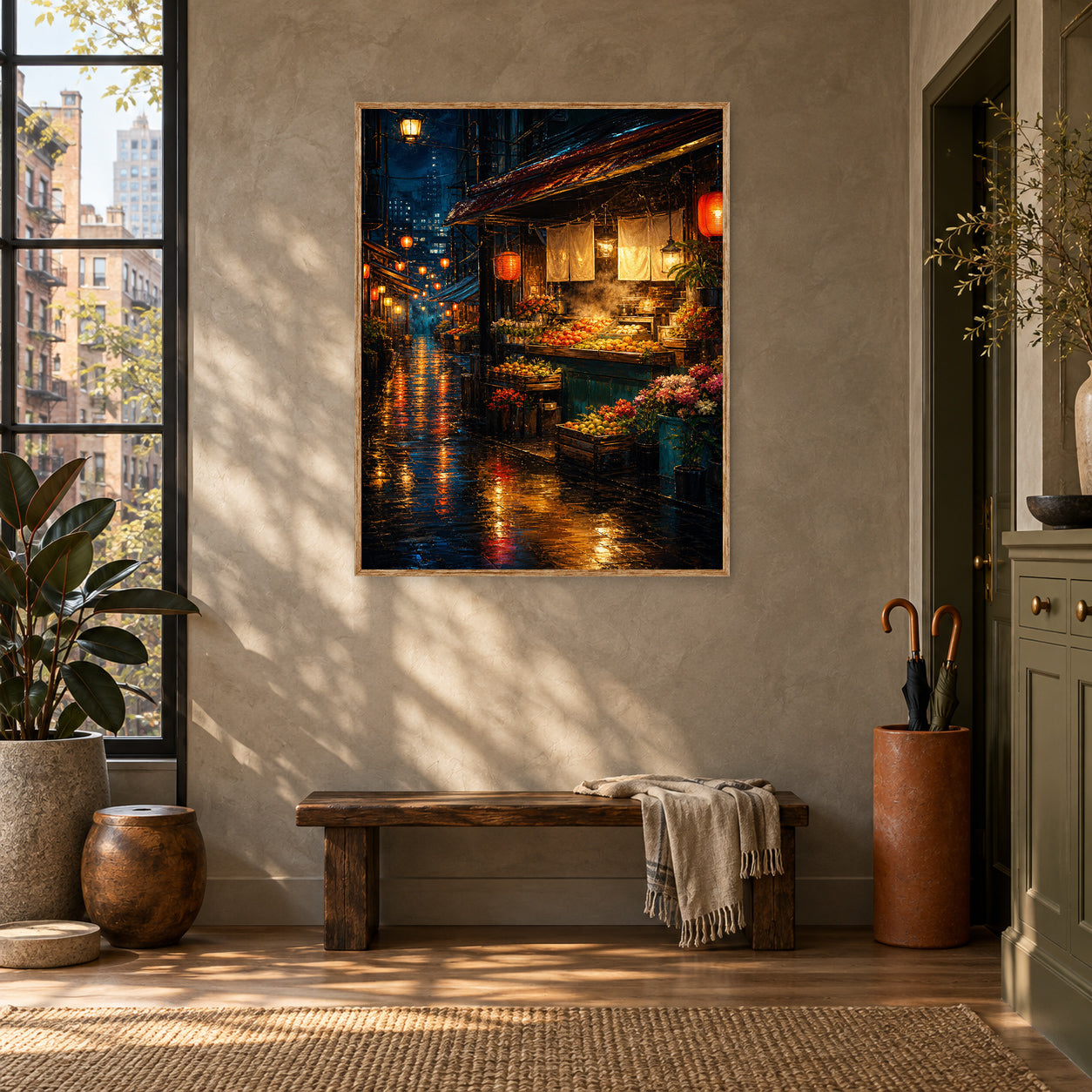 Neon Rain Canal Night Wall Art Print poster room mockup 5