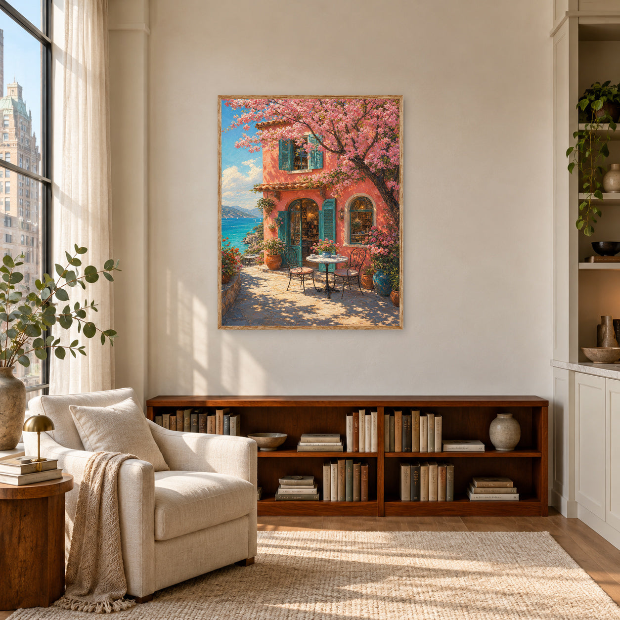 Cherry Blossom Courtyard Window Wall Art Print poster room mockup 4