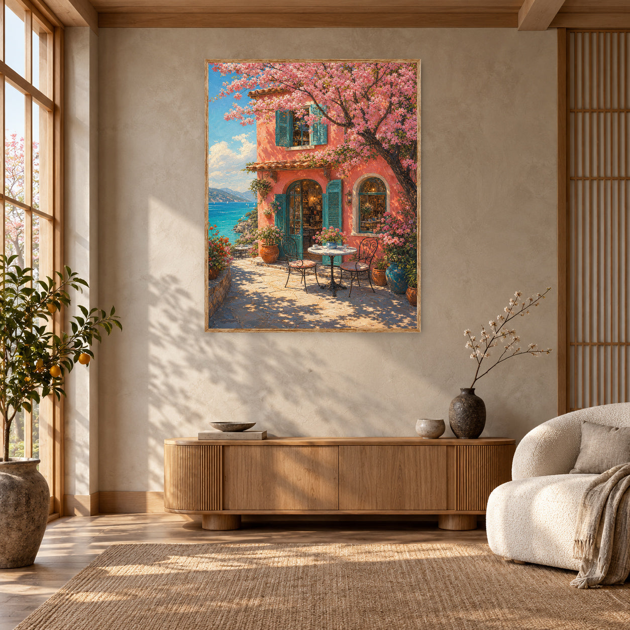 Cherry Blossom Courtyard Window Wall Art Print poster room mockup 5