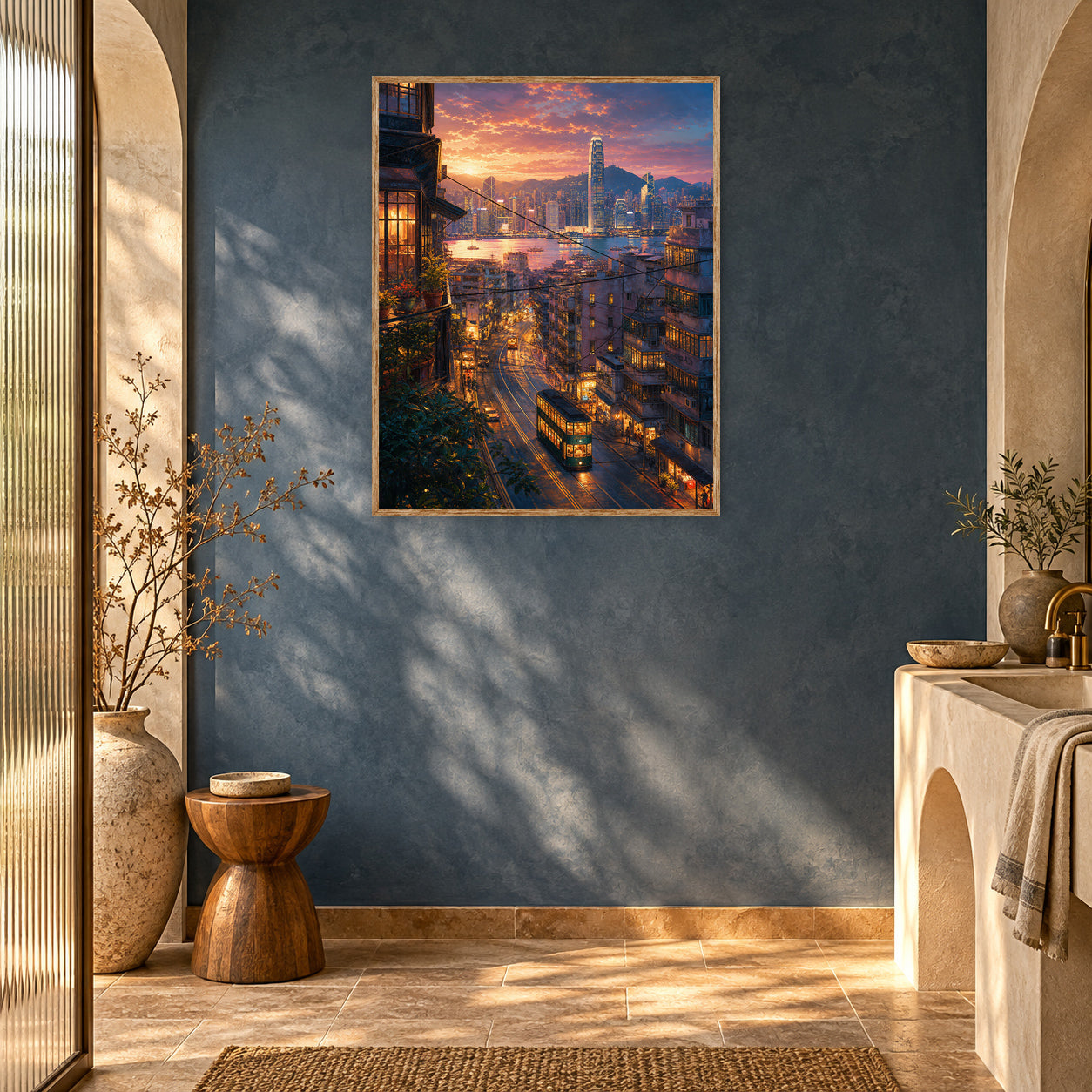 Hong Kong Sunset Tram Street Wall Art Print poster room mockup 2