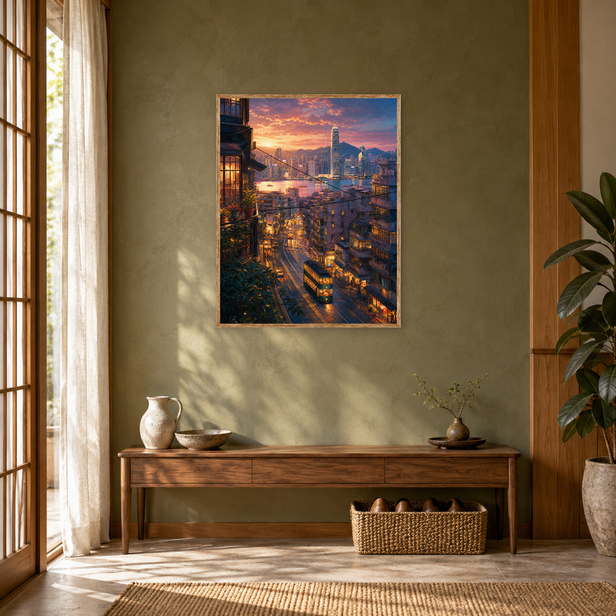 Hong Kong Sunset Tram Street Wall Art Print poster room mockup 4