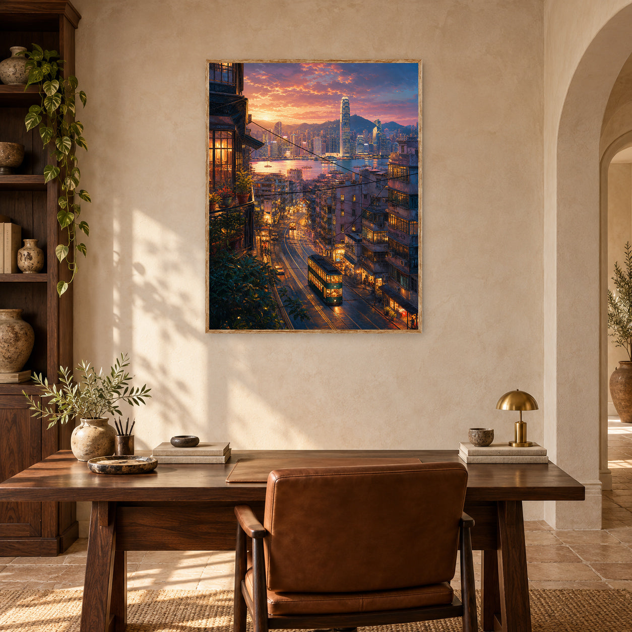 Hong Kong Sunset Tram Street Wall Art Print poster room mockup 5