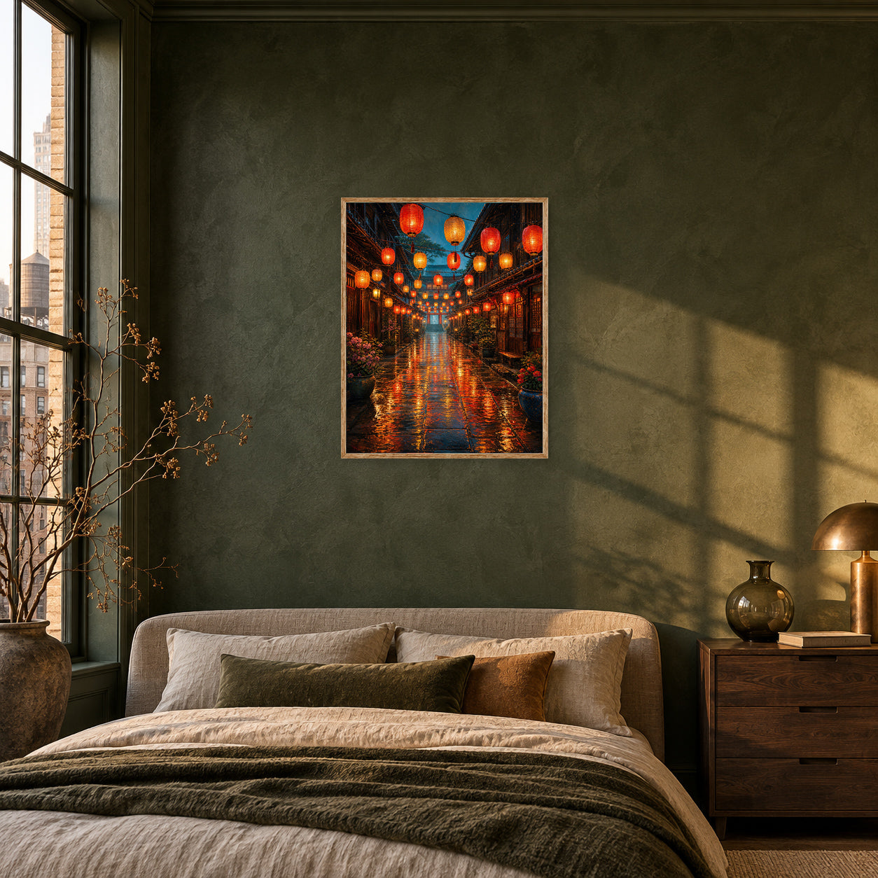 Lantern Market Rain Street Wall Art Print poster room mockup 3