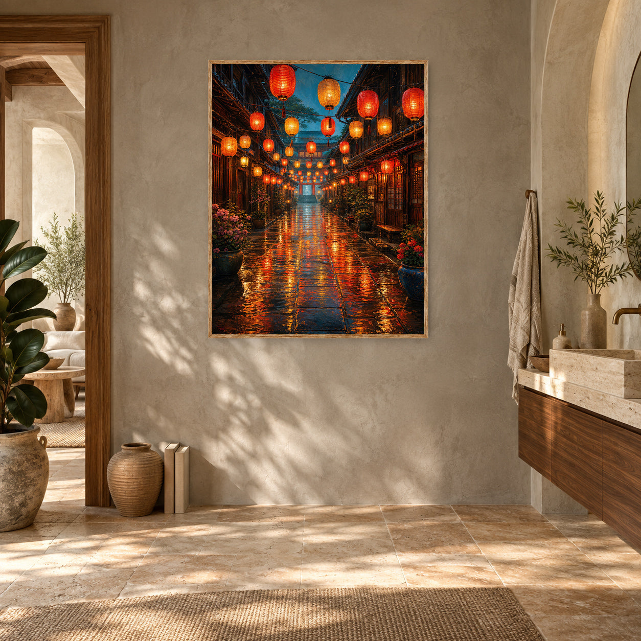 Lantern Market Rain Street Wall Art Print poster room mockup 5
