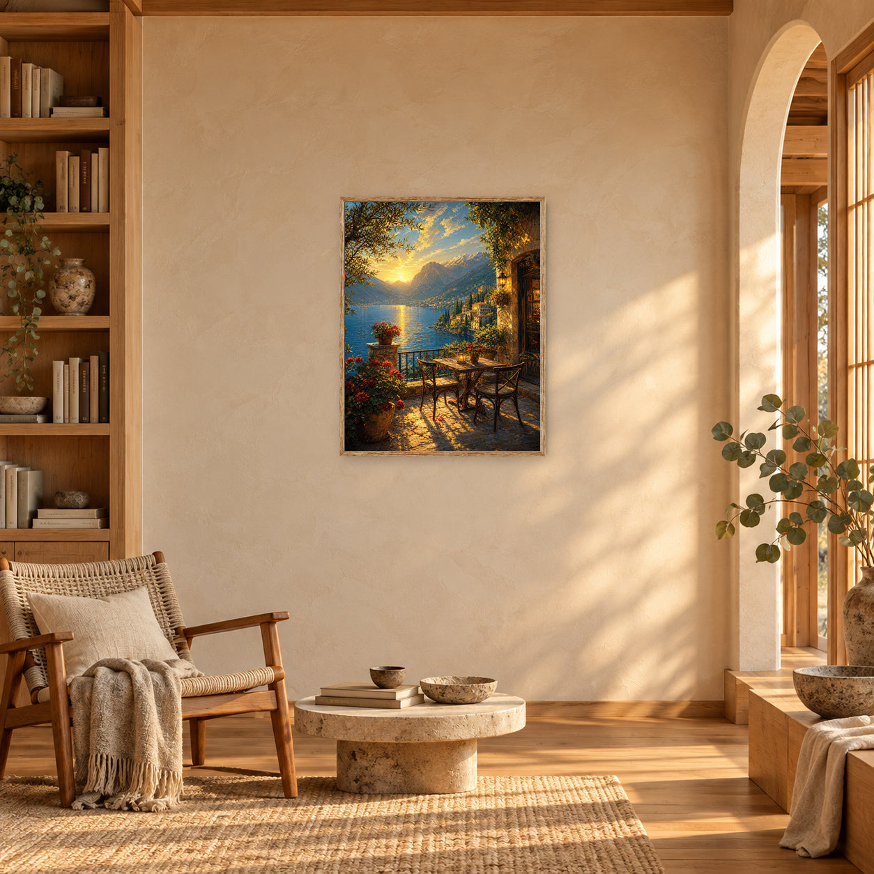 Lake Como Terrace Sunset Wall Art Print poster room mockup 3