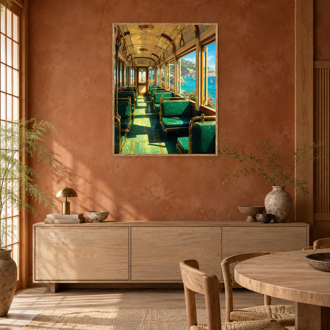 Coastal Green Train Car Wall Art Print poster room mockup 2