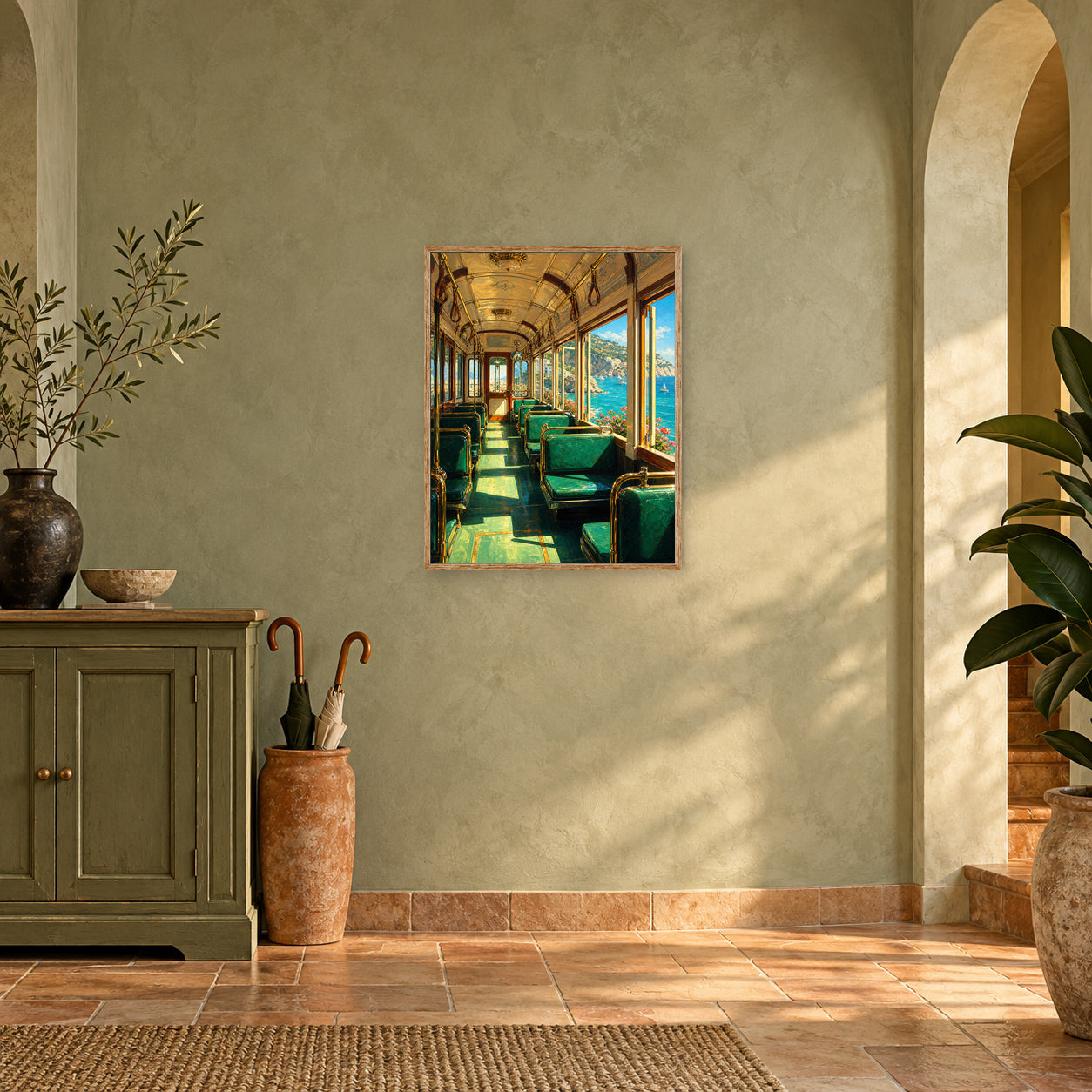 Coastal Green Train Car Wall Art Print poster room mockup 3