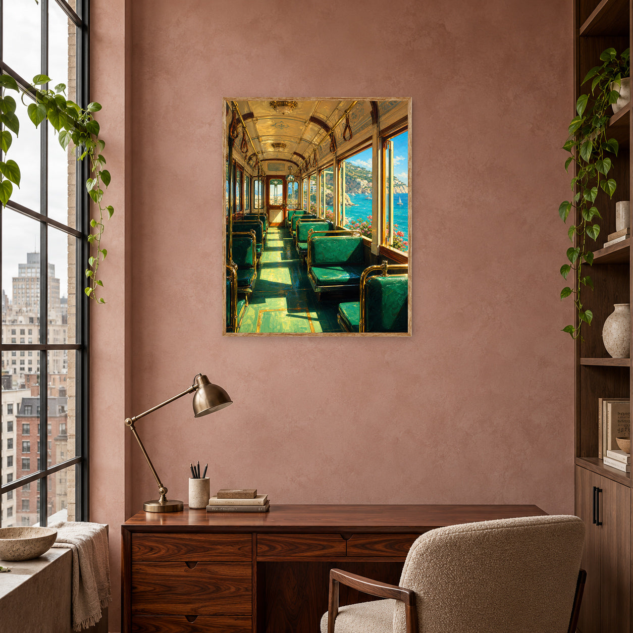 Coastal Green Train Car Wall Art Print poster room mockup 4