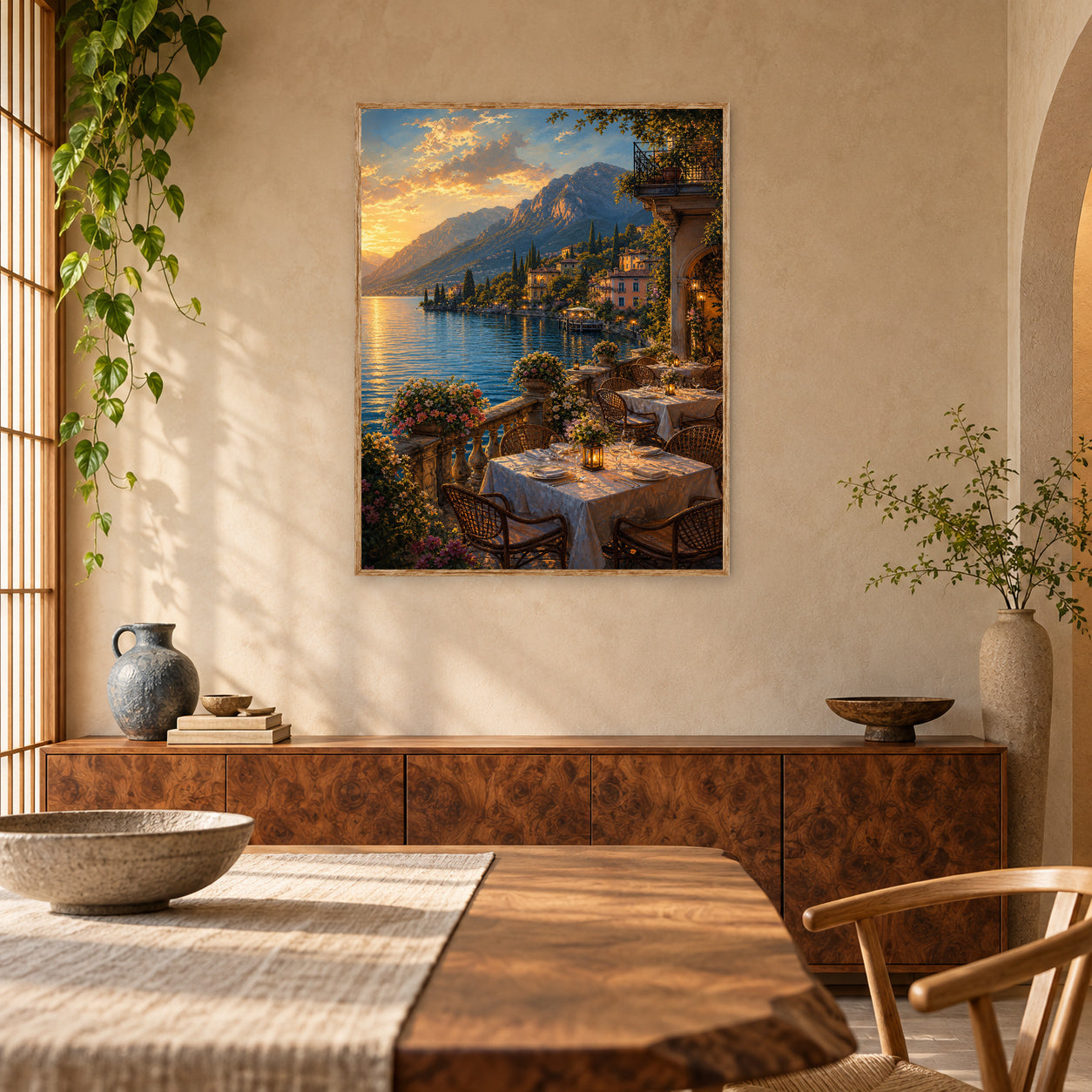 Lake Como Dinner Terrace Wall Art Print poster room mockup 5