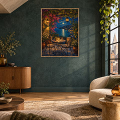 Midnight Lake Terrace Cafe Wall Art Print poster room mockup 2