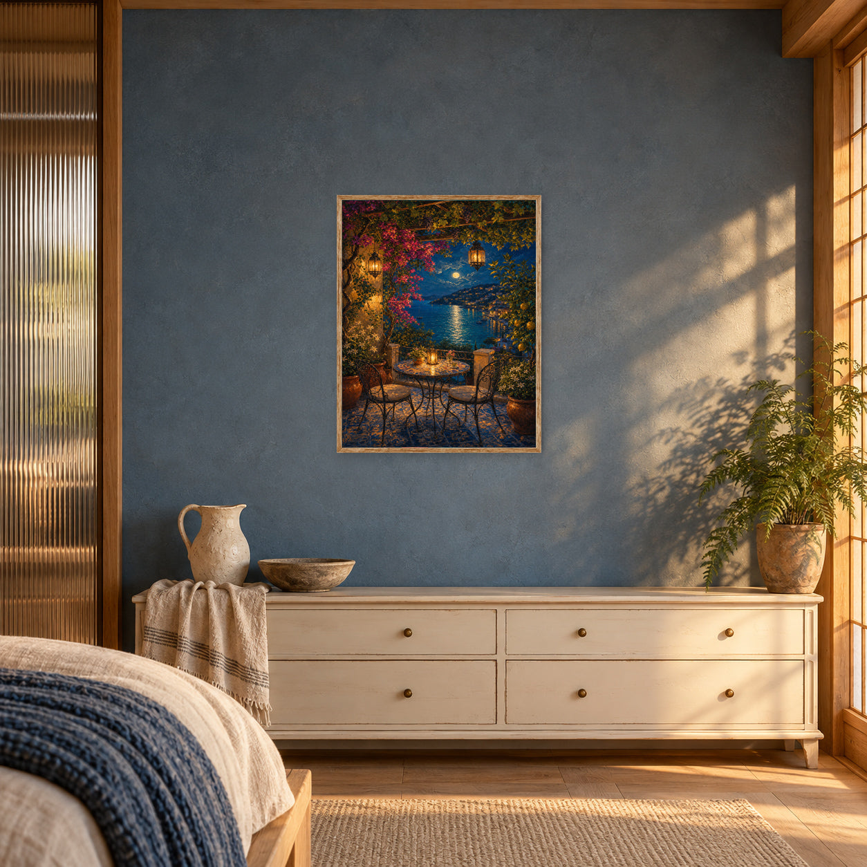 Midnight Lake Terrace Cafe Wall Art Print poster room mockup 3